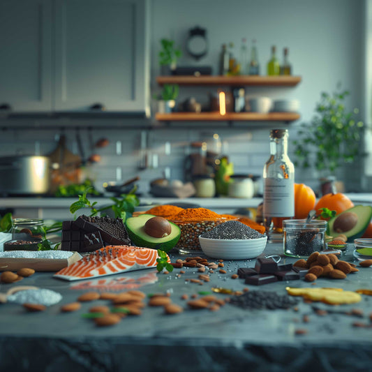 Healthy kitchen setup with fresh superfood ingredients