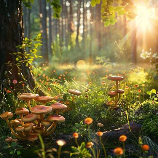 Medicinal mushrooms growing in a sunlit forest glade with rays of sunlight filtering through the trees