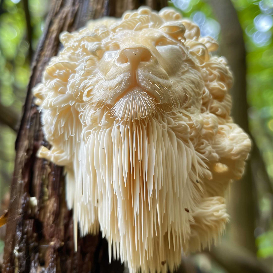 Lion's Mane mushroom resembling a lion's face with cascading white spines