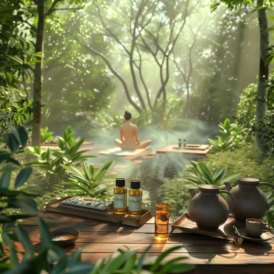 Person meditating in a serene forest setting, surrounded by lush greenery with herbal tea and essential oils on a wooden table in the foreground, evoking calmness and natural wellness