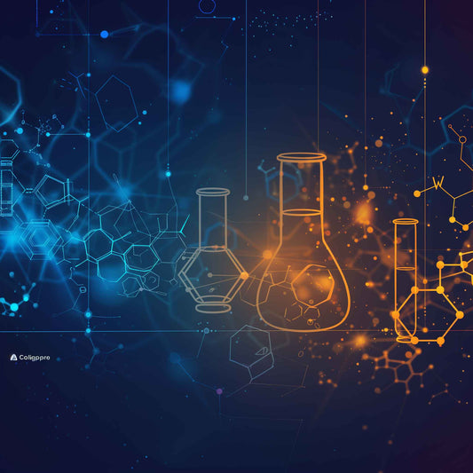 Iconographic image representing the active compounds in Cordyceps, such as Cordycepin and Adenosine, with chemical structure overlays and molecular icons in a scientific lab setting background