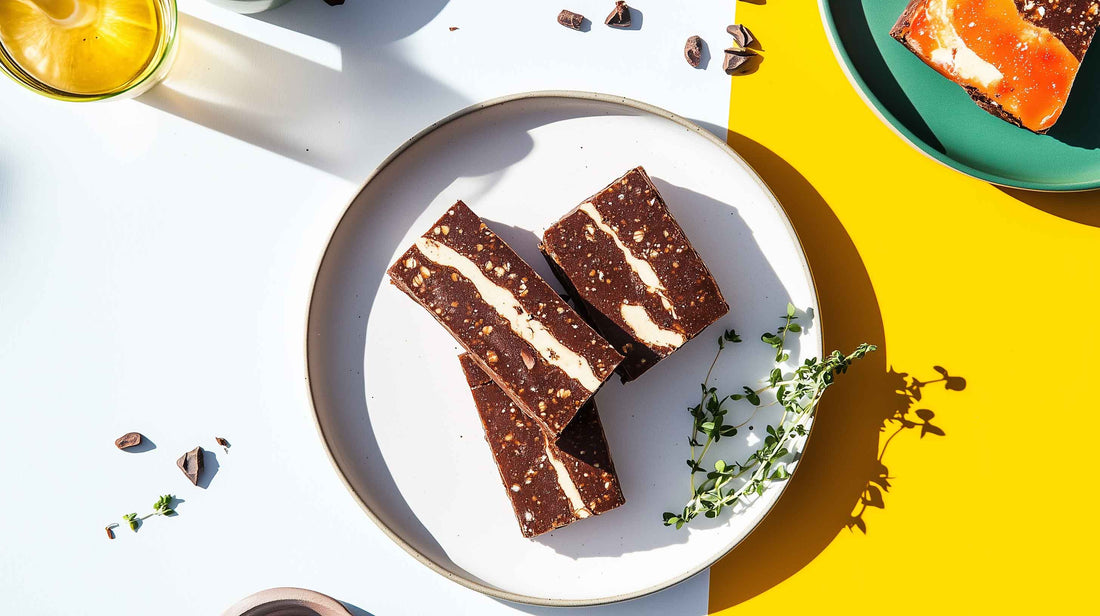 A colorful breakfast scene featuring adaptogenic chocolate bars on a white plate with a yellow background and fresh ingredients