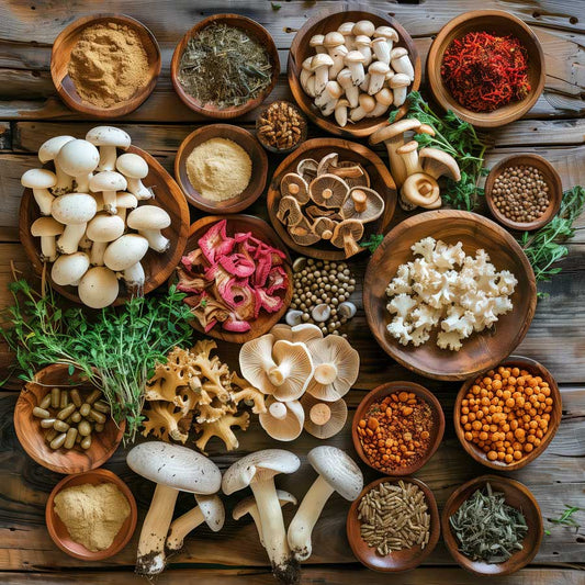 Variety of Adaptogenic Mushrooms in Wooden Bowls